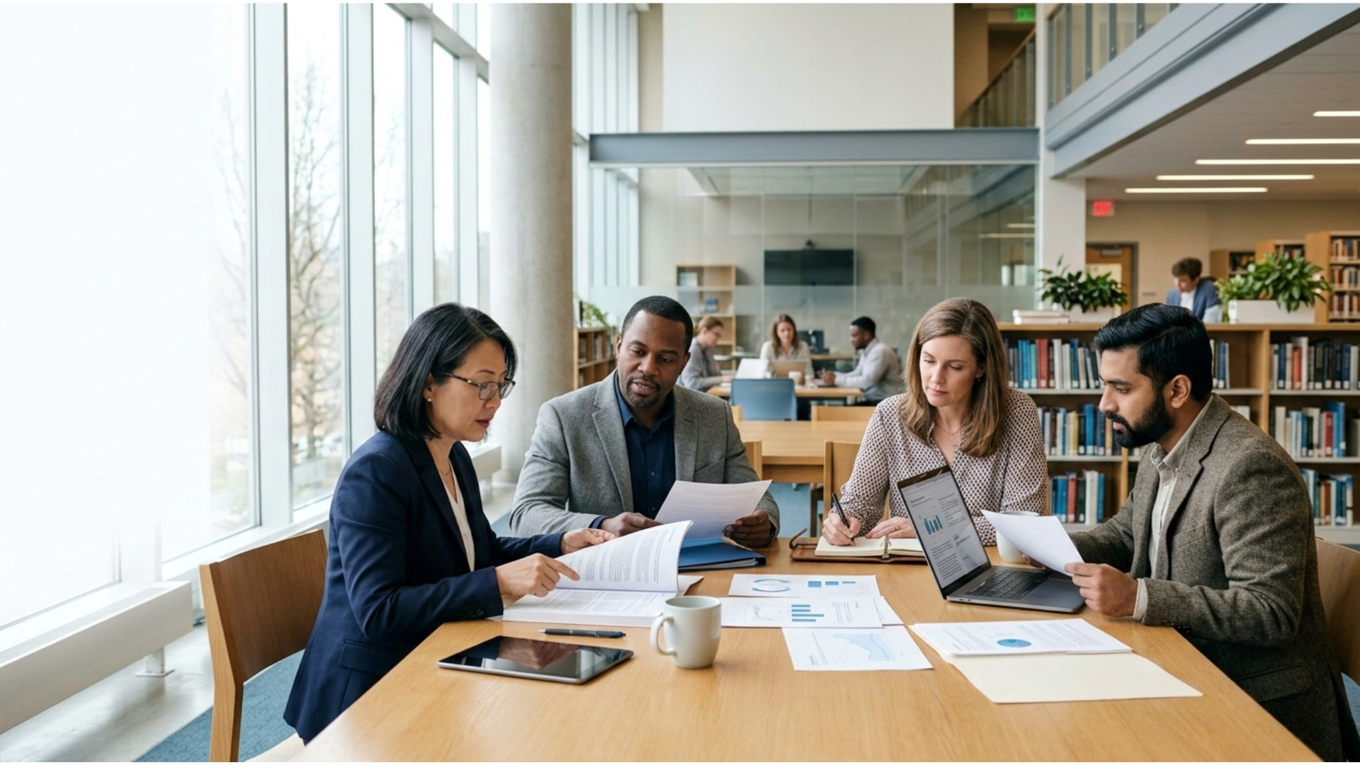 School and university leaders reviewing AI-related documents together in a modern academic setting.